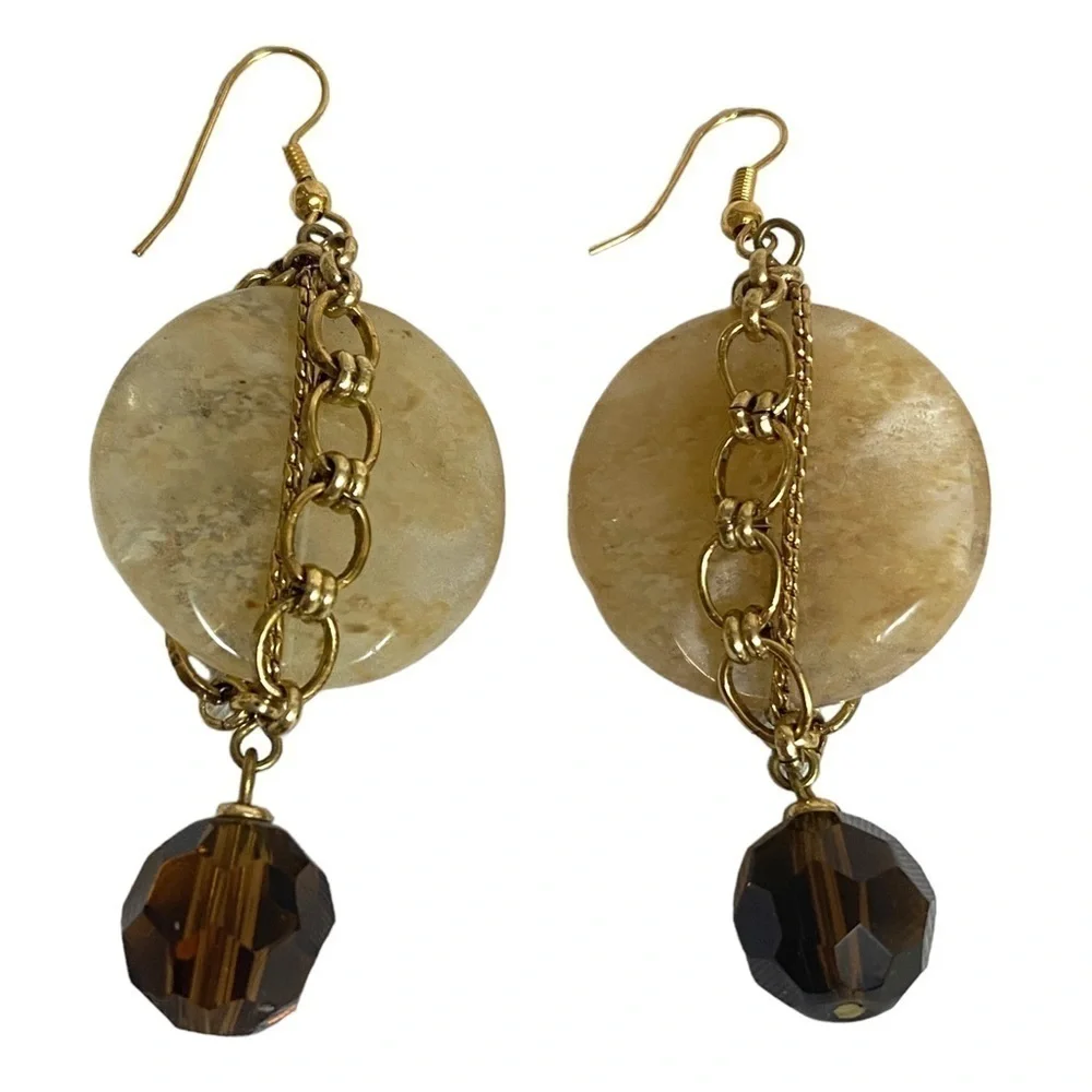 Statement Earrings Brown Beige Goldtone Link Chain Detail